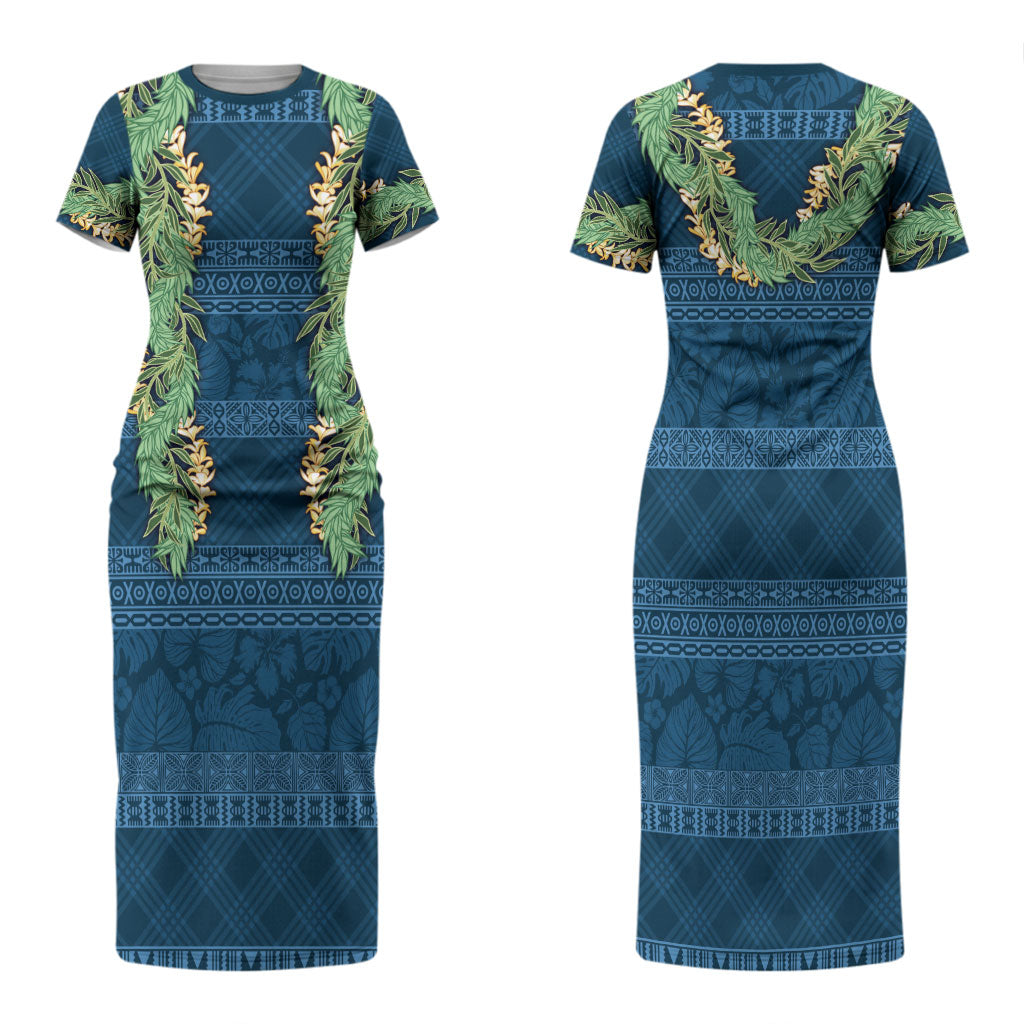 Hawai'i Paniolo Maile Twisted Lei Family Matching Short Sleeve Bodycon Dress and Hawaiian Shirt Cobalt Blue LT7 Mom's Dress Cobalt Blue - Polynesian Pride