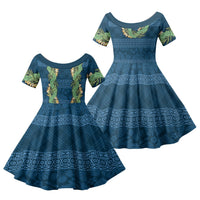 Hawai'i Paniolo Maile Twisted Lei Family Matching Short Sleeve Bodycon Dress and Hawaiian Shirt Cobalt Blue LT7 Daughter's Dress Cobalt Blue - Polynesian Pride