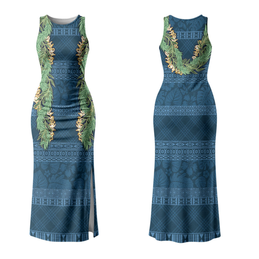 Hawai'i Paniolo Maile Twisted Lei Family Matching Tank Maxi Dress and Hawaiian Shirt Cobalt Blue LT7 Mom's Dress Cobalt Blue - Polynesian Pride