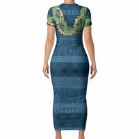 Hawai'i Paniolo Maile Twisted Lei Short Sleeve Bodycon Dress Cobalt Blue LT7 - Polynesian Pride