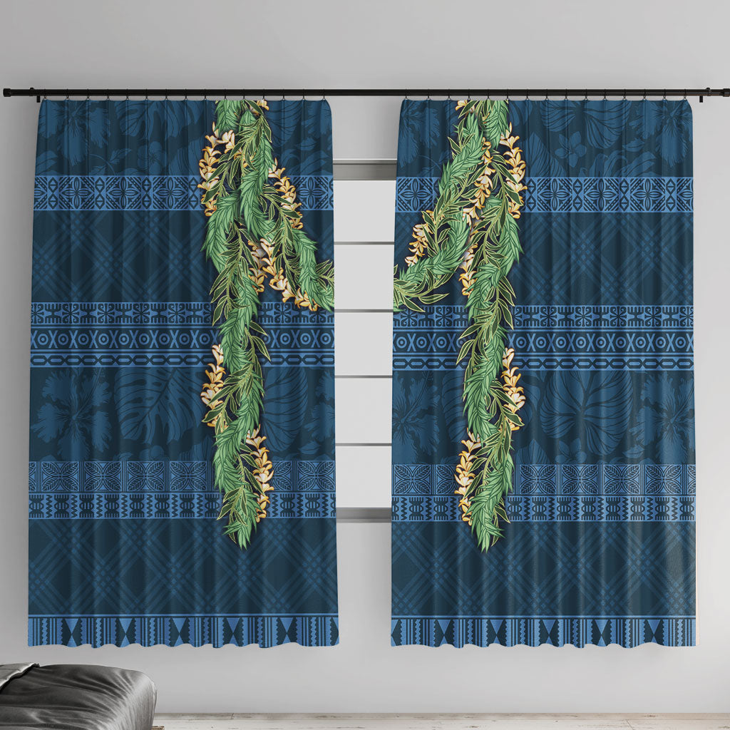 Hawai'i Paniolo Maile Twisted Lei Window Curtain Cobalt Blue LT7 With Hooks Cobalt Blue - Polynesian Pride