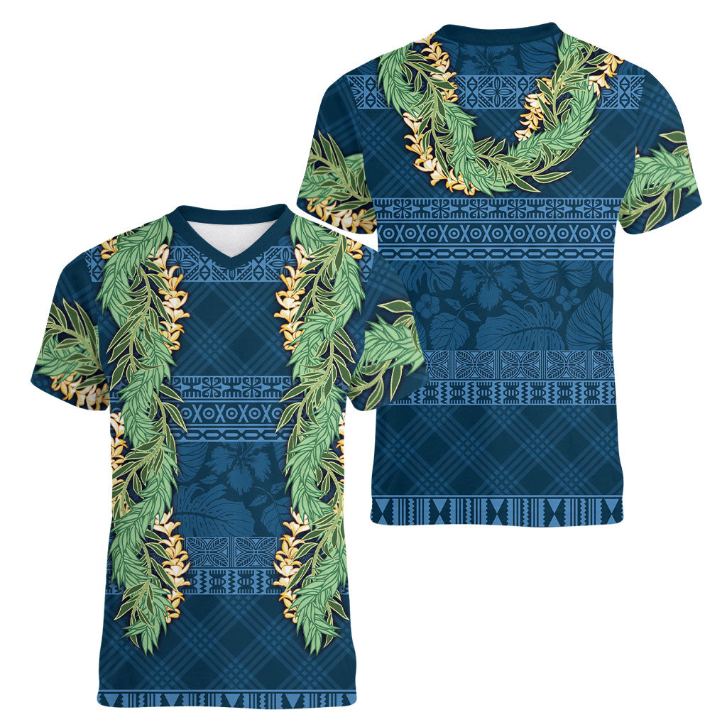 Hawai'i Paniolo Maile Twisted Lei Women V-Neck T-Shirt Cobalt Blue LT7 - Polynesian Pride