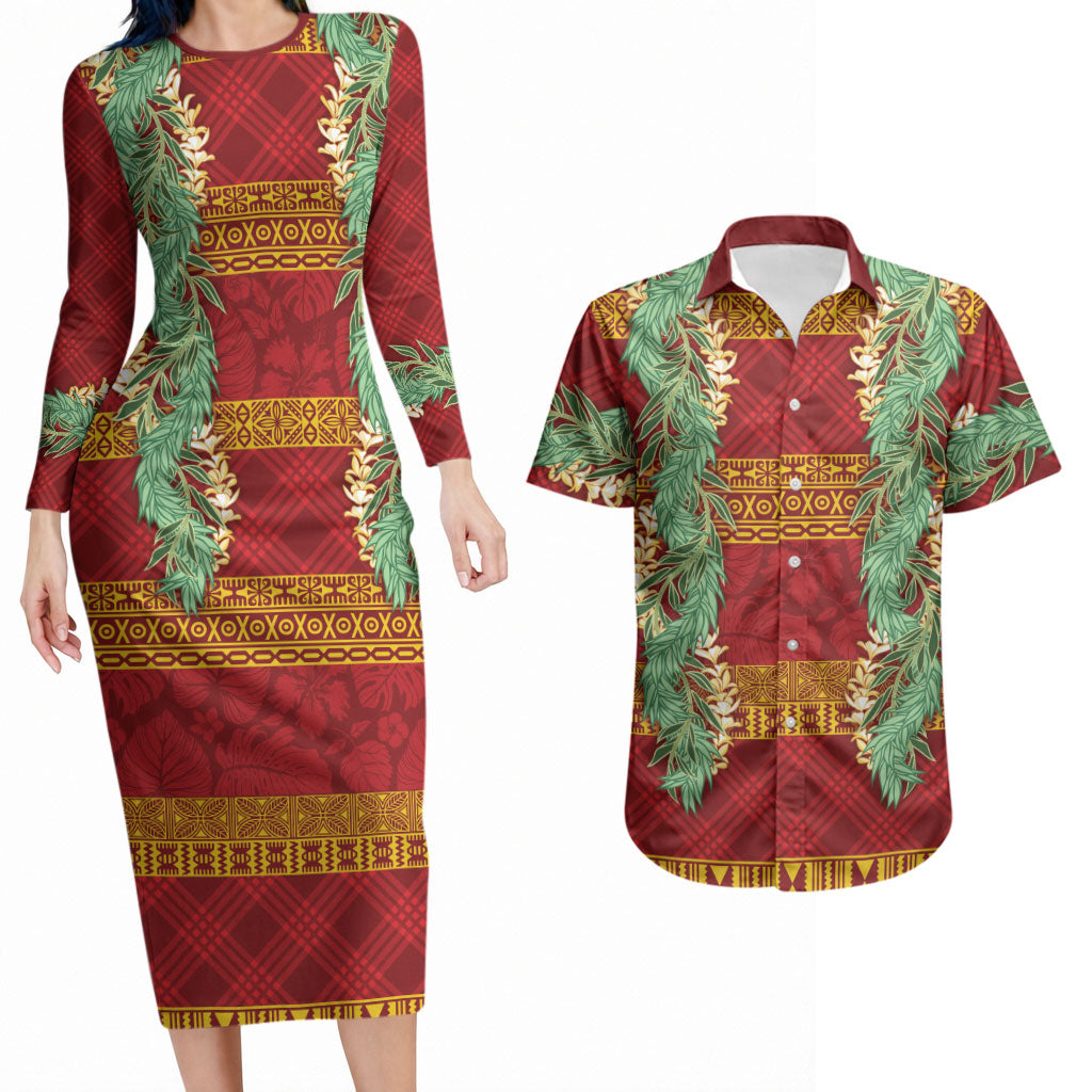 Hawai'i Paniolo Maile Twisted Lei Couples Matching Long Sleeve Bodycon Dress and Hawaiian Shirt Hilo Royal Red LT7 Red - Polynesian Pride