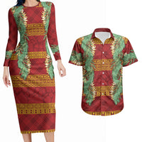 Hawai'i Paniolo Maile Twisted Lei Couples Matching Long Sleeve Bodycon Dress and Hawaiian Shirt Hilo Royal Red LT7 Red - Polynesian Pride