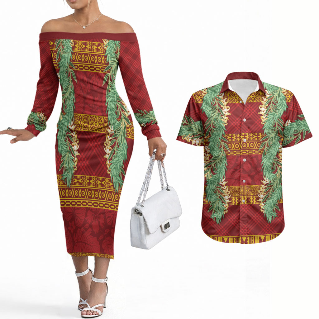 Hawai'i Paniolo Maile Twisted Lei Couples Matching Off The Shoulder Long Sleeve Dress and Hawaiian Shirt Hilo Royal Red LT7 Red - Polynesian Pride