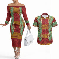 Hawai'i Paniolo Maile Twisted Lei Couples Matching Off The Shoulder Long Sleeve Dress and Hawaiian Shirt Hilo Royal Red LT7 Red - Polynesian Pride