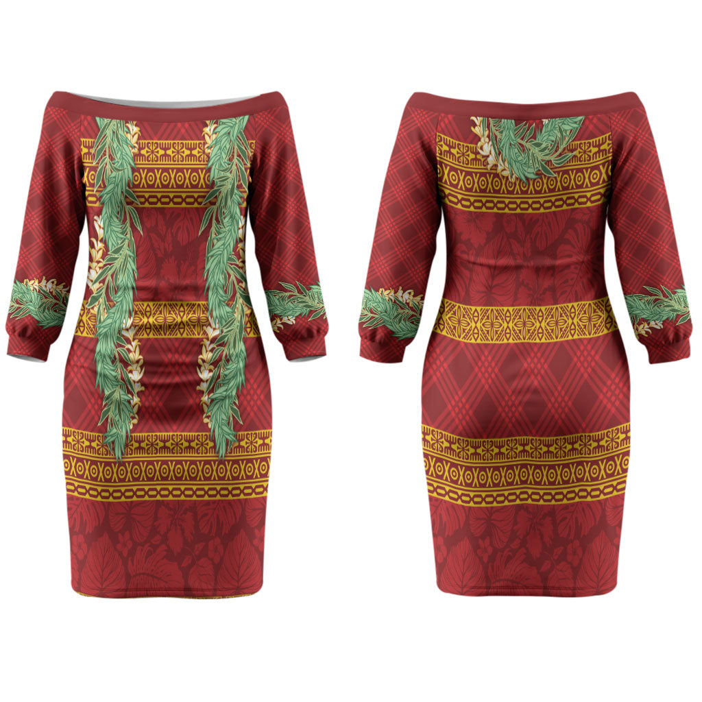 Hawai'i Paniolo Maile Twisted Lei Couples Matching Off The Shoulder Long Sleeve Dress and Hawaiian Shirt Hilo Royal Red LT7 - Polynesian Pride