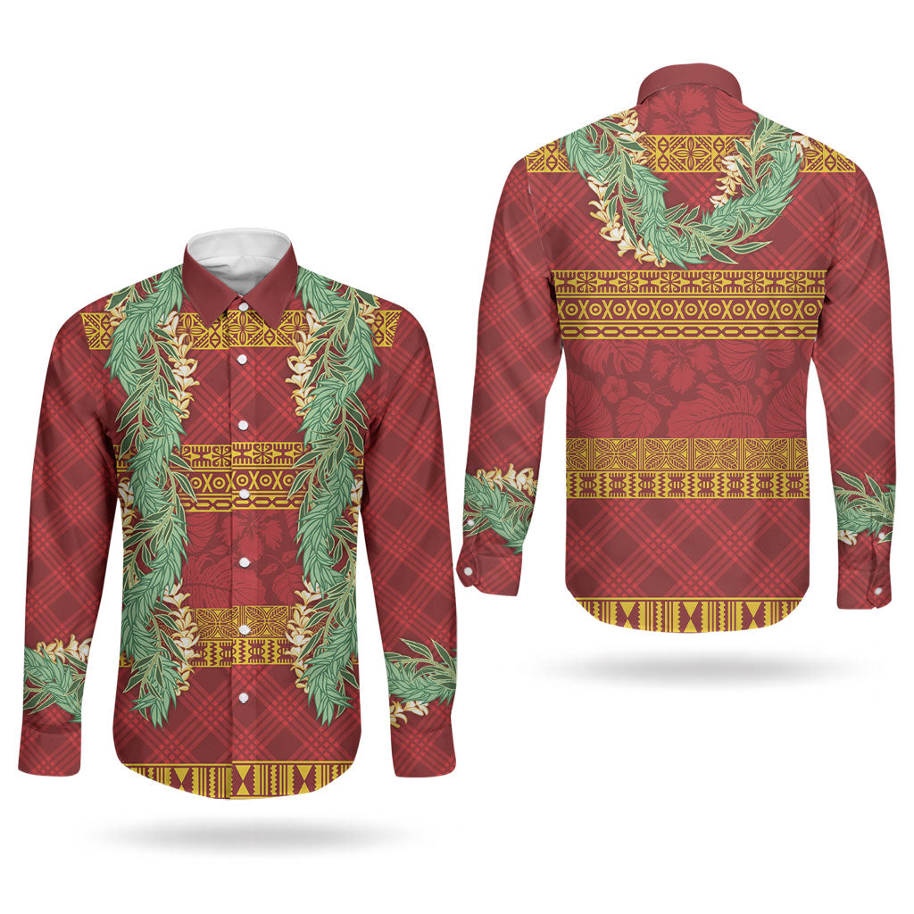 Hawai'i Paniolo Maile Twisted Lei Couples Matching Puletasi and Long Sleeve Button Shirt Hilo Royal Red LT7 - Polynesian Pride