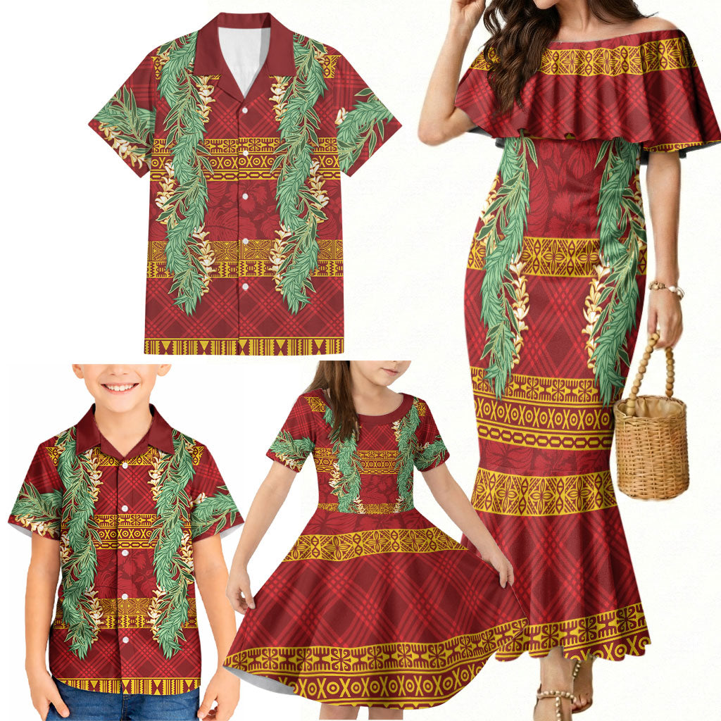 Hawai'i Paniolo Maile Twisted Lei Family Matching Mermaid Dress and Hawaiian Shirt Hilo Royal Red LT7 - Polynesian Pride
