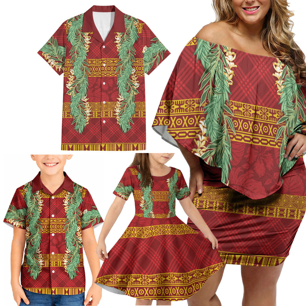 Hawai'i Paniolo Maile Twisted Lei Family Matching Off Shoulder Short Dress and Hawaiian Shirt Hilo Royal Red LT7 - Polynesian Pride