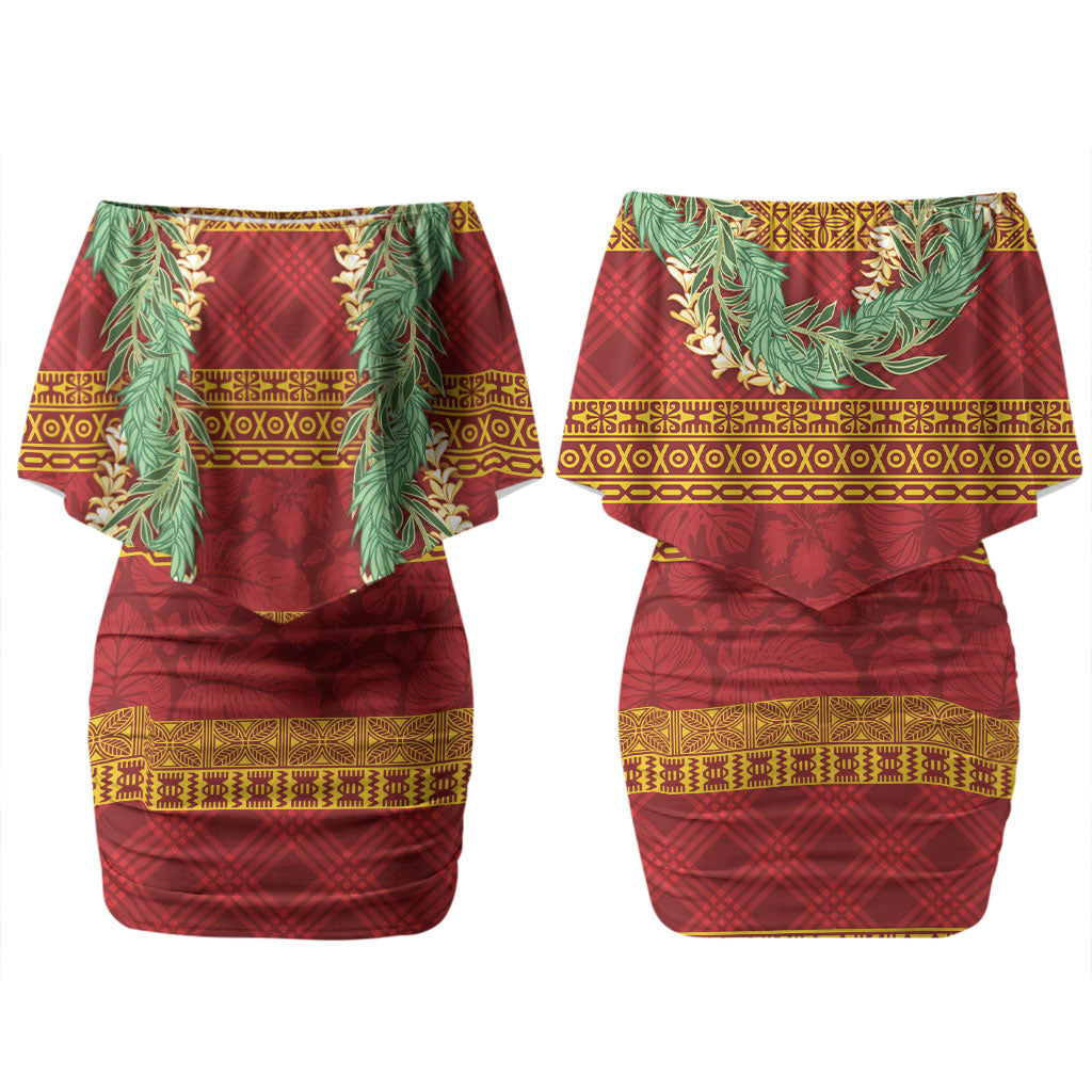 Hawai'i Paniolo Maile Twisted Lei Family Matching Off Shoulder Short Dress and Hawaiian Shirt Hilo Royal Red LT7 Mom's Dress Red - Polynesian Pride