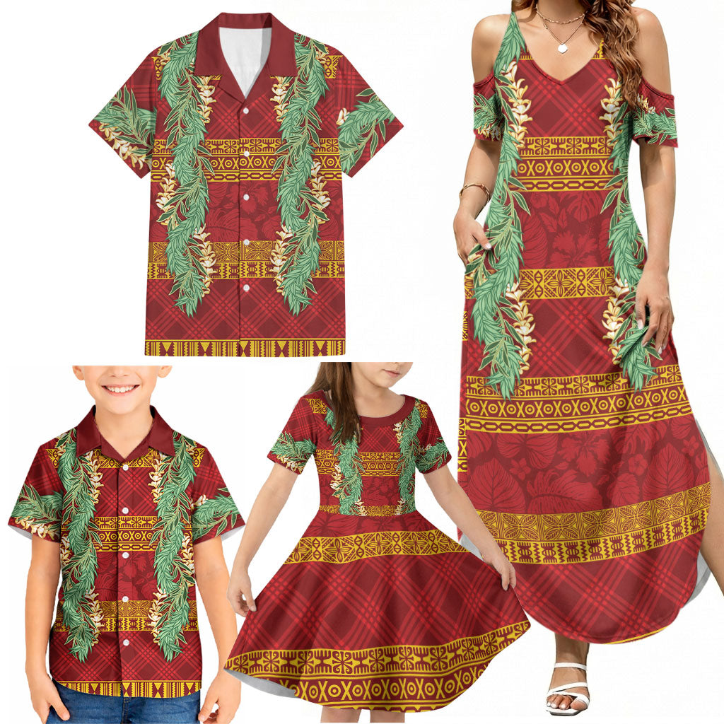Hawai'i Paniolo Maile Twisted Lei Family Matching Summer Maxi Dress and Hawaiian Shirt Hilo Royal Red LT7 - Polynesian Pride