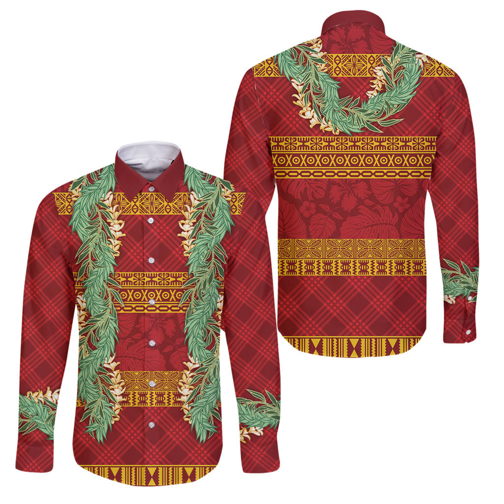 Hawai'i Paniolo Maile Twisted Lei Family Matching Summer Maxi Dress and Hawaiian Shirt Hilo Royal Red LT7 Dad's Shirt - Long Sleeve Red - Polynesian Pride