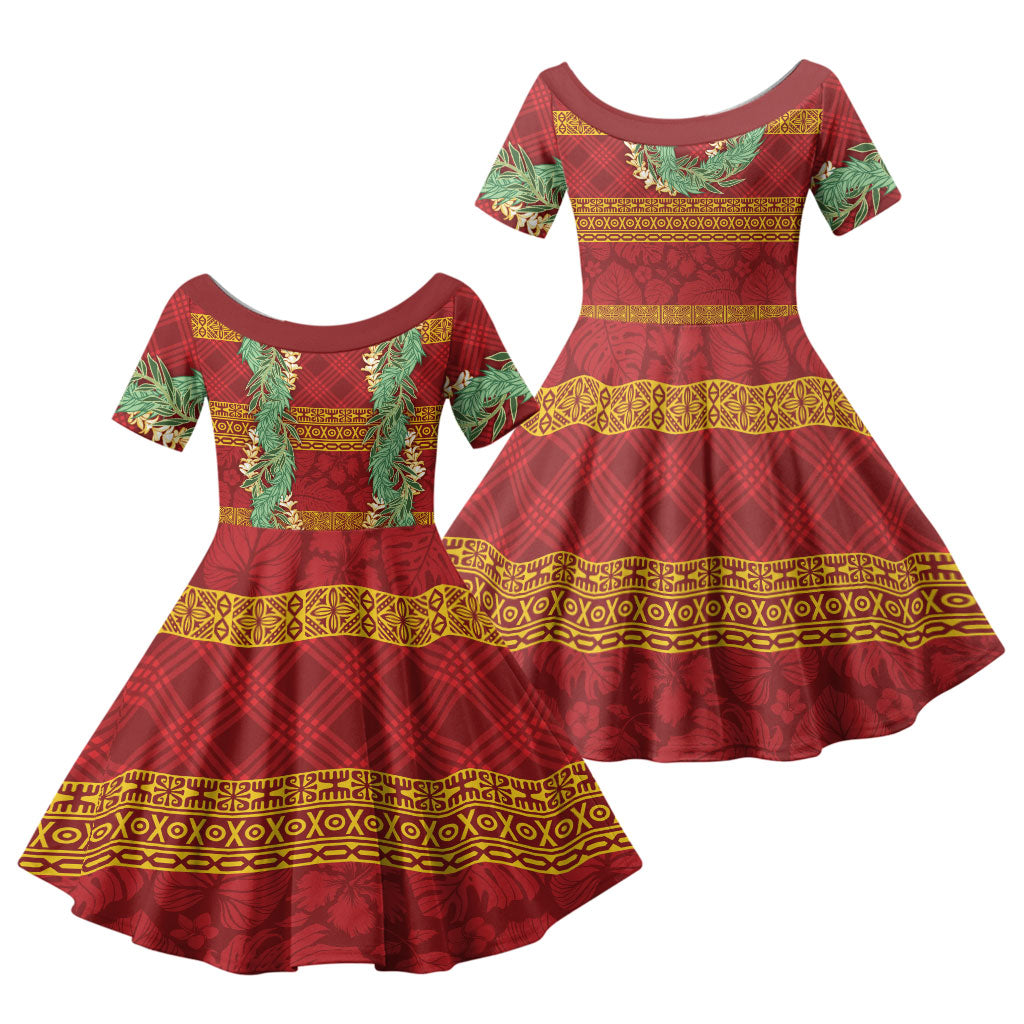 Hawai'i Paniolo Maile Twisted Lei Family Matching Summer Maxi Dress and Hawaiian Shirt Hilo Royal Red LT7 Daughter's Dress Red - Polynesian Pride