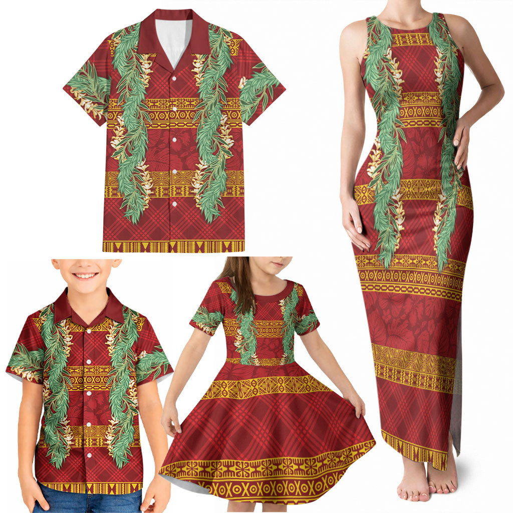 Hawai'i Paniolo Maile Twisted Lei Family Matching Tank Maxi Dress and Hawaiian Shirt Hilo Royal Red LT7 - Polynesian Pride