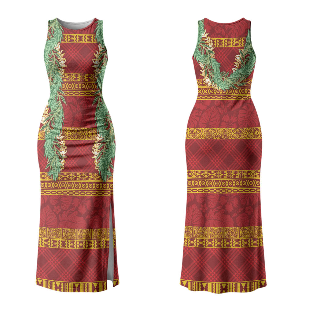 Hawai'i Paniolo Maile Twisted Lei Family Matching Tank Maxi Dress and Hawaiian Shirt Hilo Royal Red LT7 Mom's Dress Red - Polynesian Pride