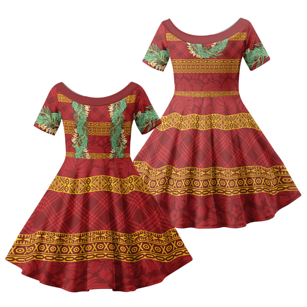 Hawai'i Paniolo Maile Twisted Lei Family Matching Tank Maxi Dress and Hawaiian Shirt Hilo Royal Red LT7 Daughter's Dress Red - Polynesian Pride