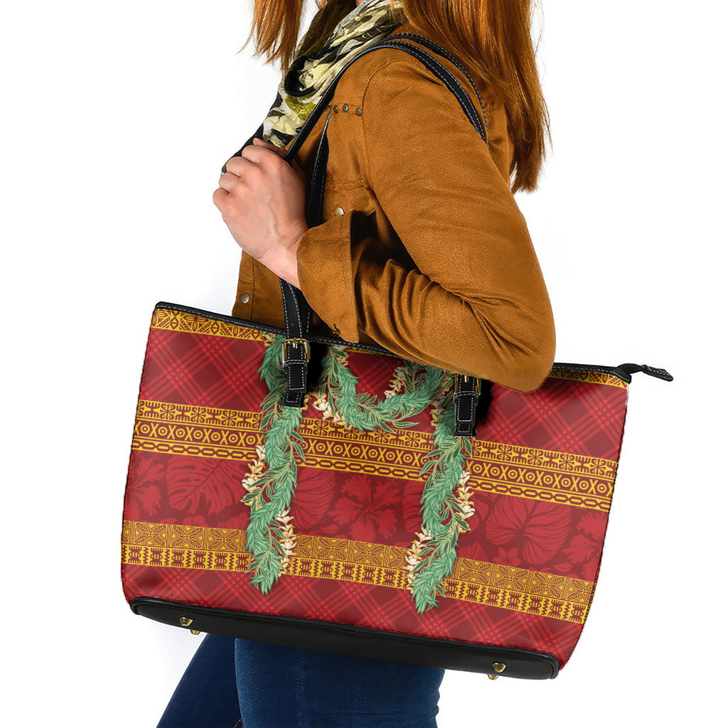 Hawai'i Paniolo Maile Twisted Lei Leather Tote Bag Hilo Royal Red