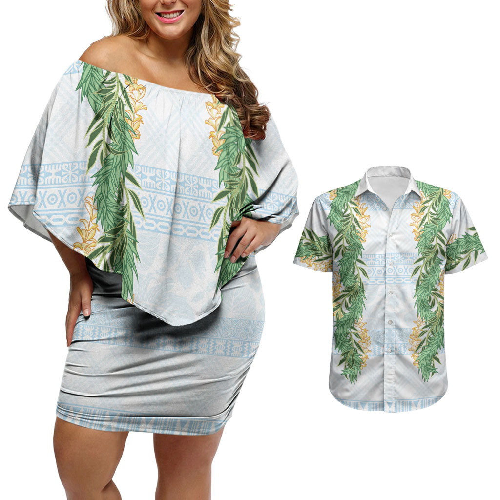 Hawai'i Paniolo Maile Twisted Lei Couples Matching Off Shoulder Short Dress and Hawaiian Shirt Winter White LT7 White - Polynesian Pride