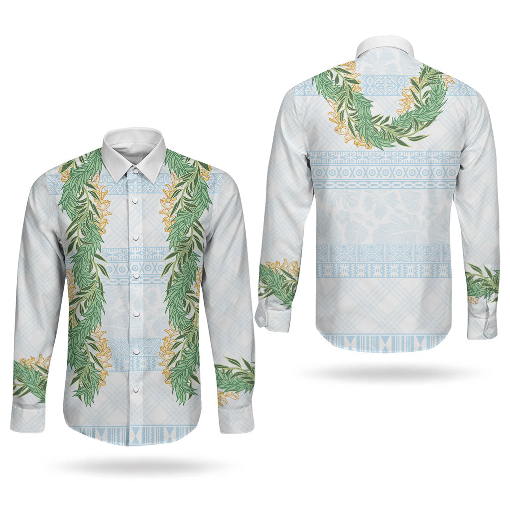 Hawai'i Paniolo Maile Twisted Lei Couples Matching Off Shoulder Short Dress and Long Sleeve Button Shirt Winter White LT7 - Polynesian Pride
