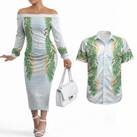 Hawai'i Paniolo Maile Twisted Lei Couples Matching Off The Shoulder Long Sleeve Dress and Hawaiian Shirt Winter White LT7 White - Polynesian Pride