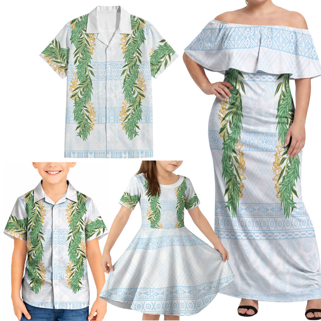 Hawai'i Paniolo Maile Twisted Lei Family Matching Off Shoulder Maxi Dress and Hawaiian Shirt Winter White LT7 - Polynesian Pride