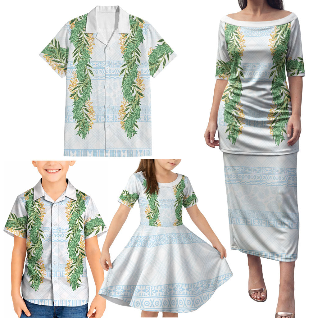 Hawai'i Paniolo Maile Twisted Lei Family Matching Puletasi and Hawaiian Shirt Winter White LT7 - Polynesian Pride