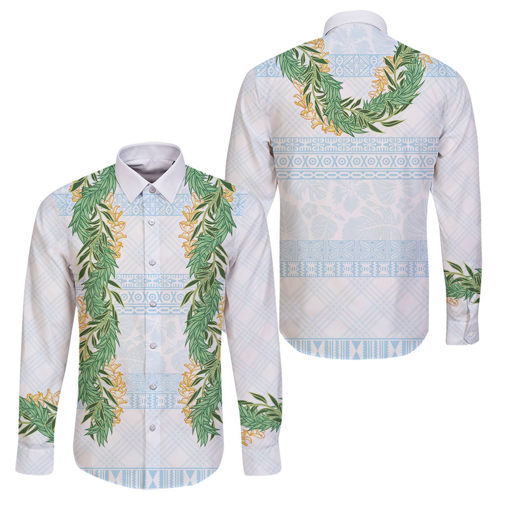 Hawai'i Paniolo Maile Twisted Lei Family Matching Tank Maxi Dress and Hawaiian Shirt Winter White LT7 Dad's Shirt - Long Sleeve White - Polynesian Pride