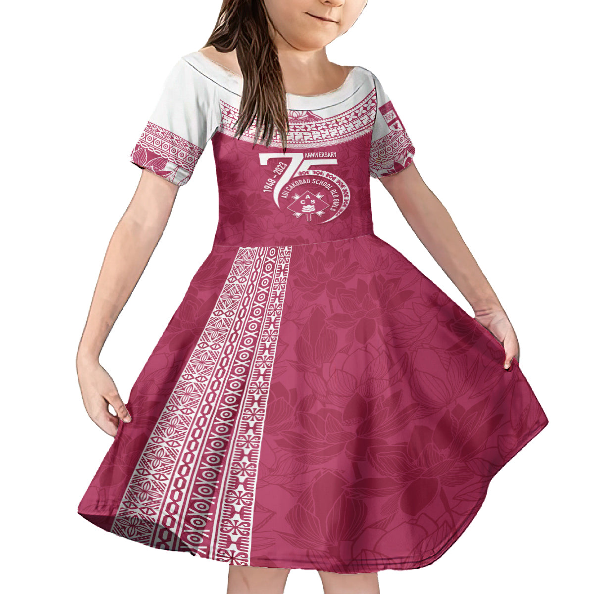 Personalised Fiji Adi Cakobau School Family Matching Long Sleeve Bodycon Dress and Hawaiian Shirt ACS Old Girls Lotus Mix Masi LT7 Daughter's Dress Crimson - Polynesian Pride
