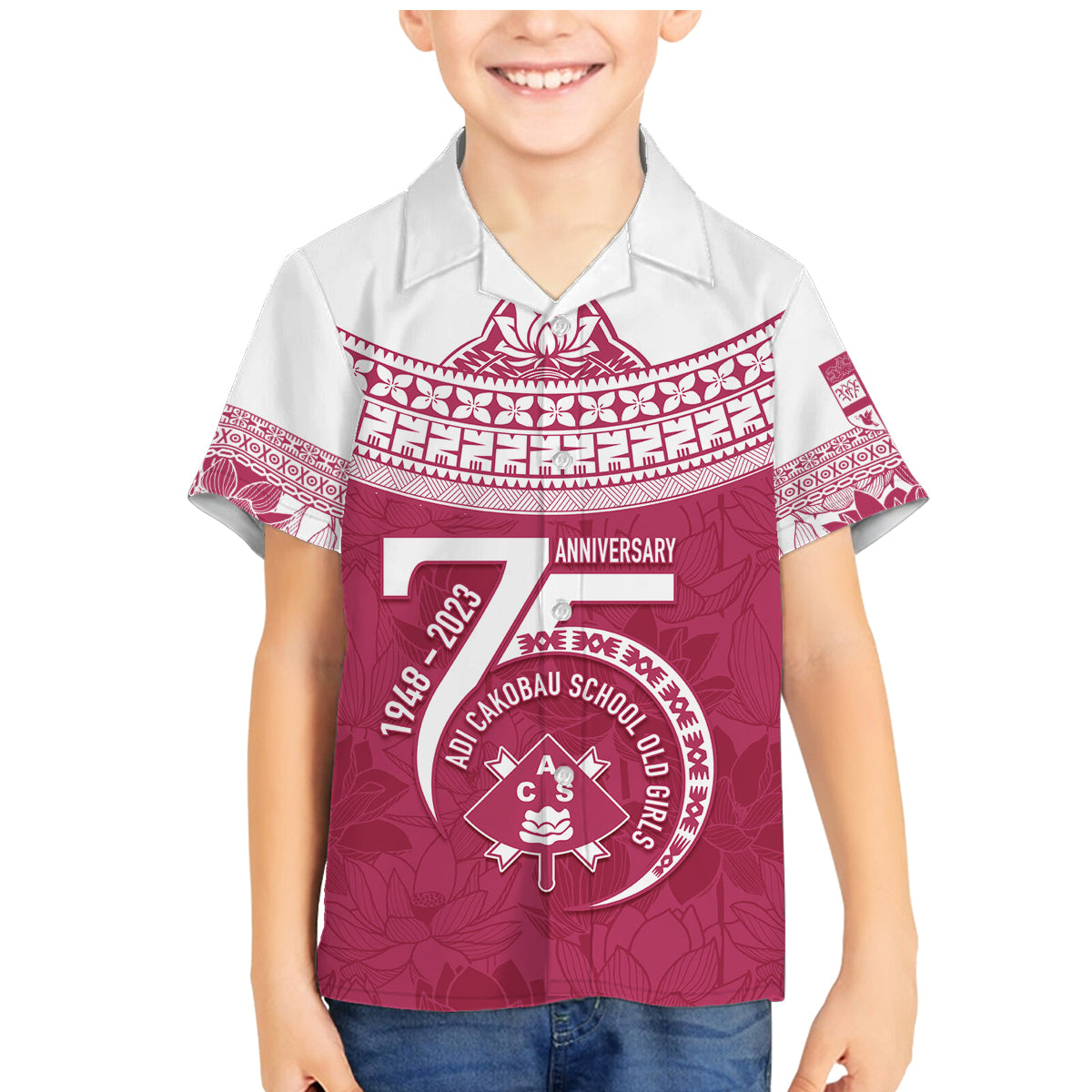 Personalised Fiji Adi Cakobau School Family Matching Mermaid Dress and Hawaiian Shirt ACS Old Girls Lotus Mix Masi LT7 Son's Shirt Crimson - Polynesian Pride