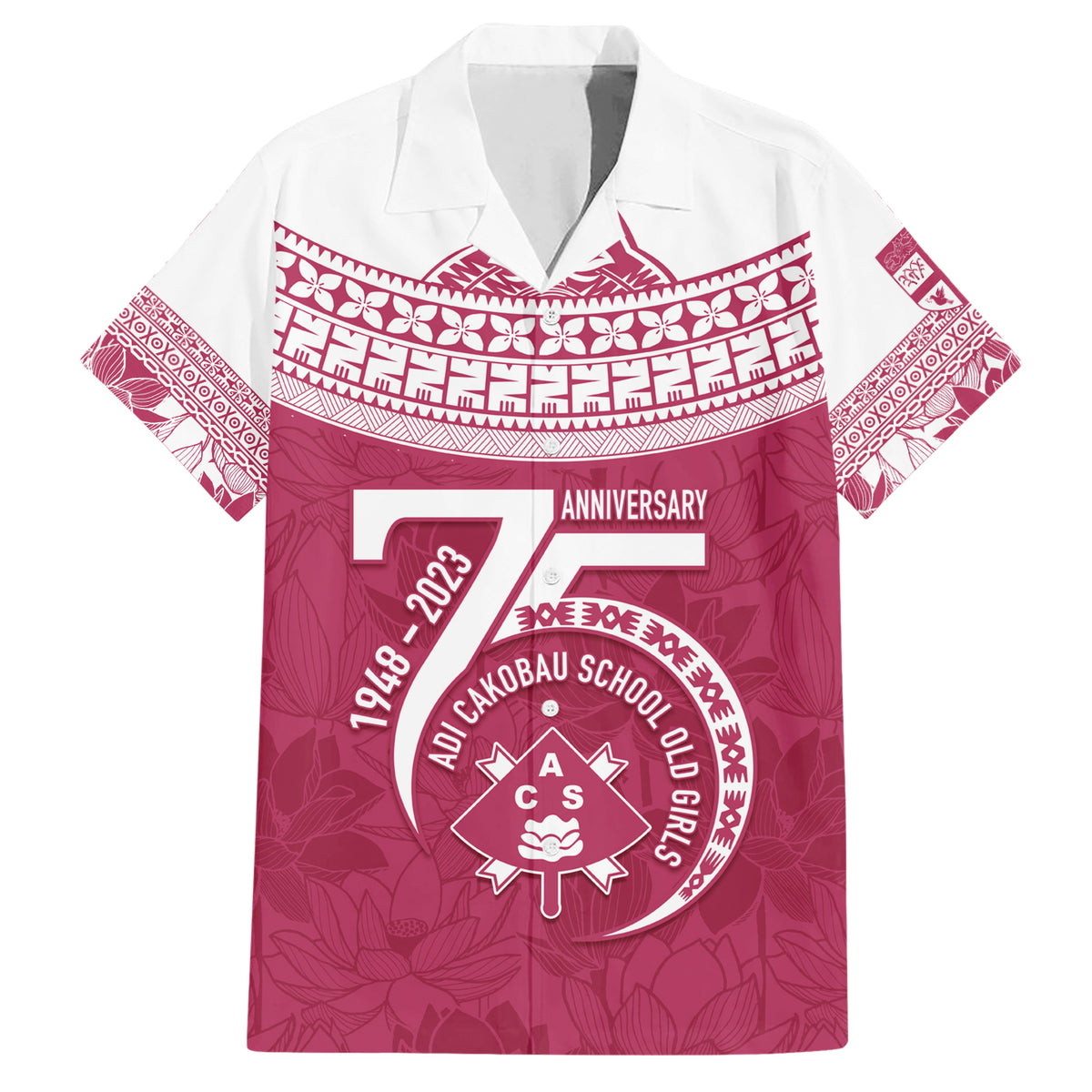Personalised Fiji Adi Cakobau School Family Matching Short Sleeve Bodycon Dress and Hawaiian Shirt ACS Old Girls Lotus Mix Masi LT7 Dad's Shirt - Short Sleeve Crimson - Polynesian Pride