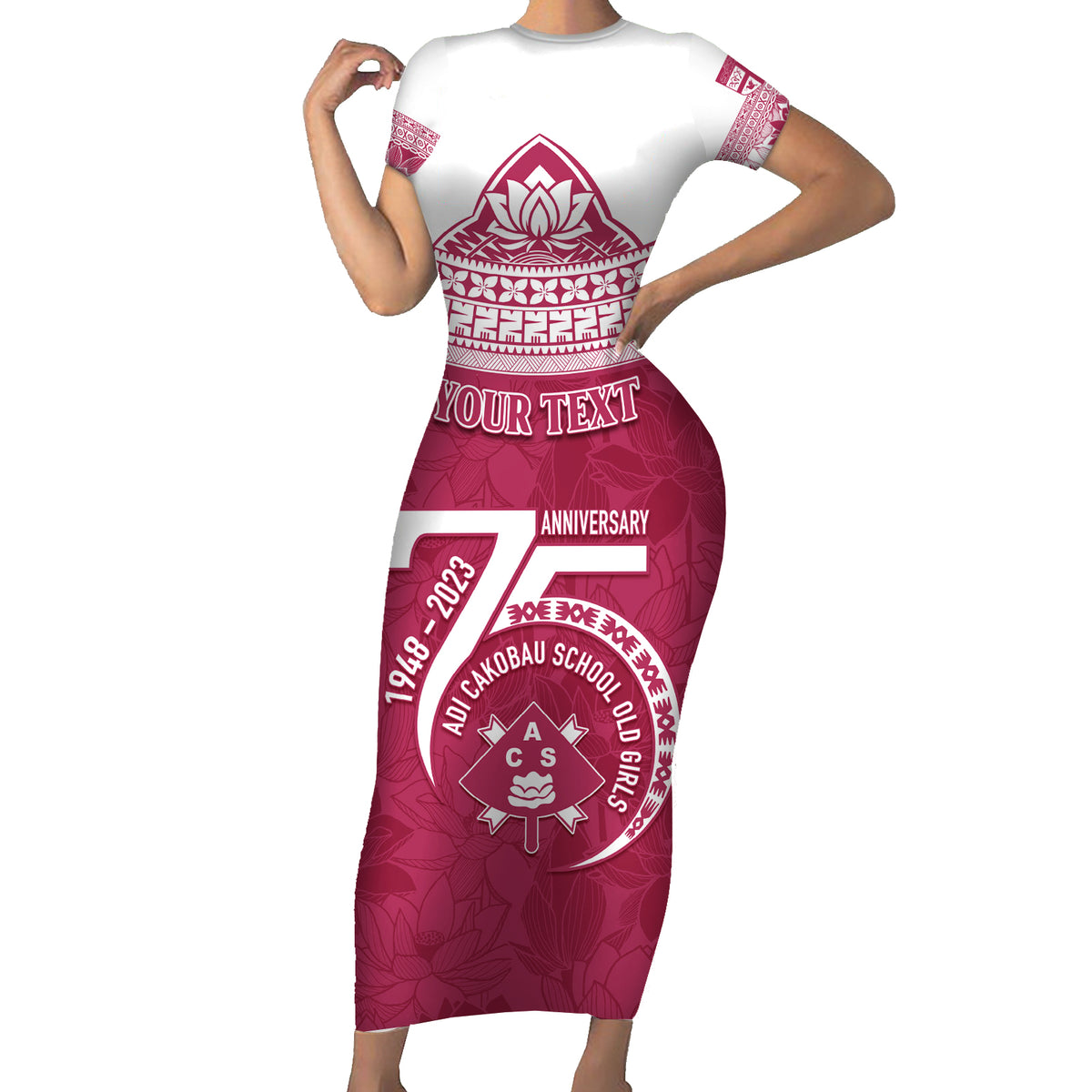 Personalised Fiji Adi Cakobau School Family Matching Short Sleeve Bodycon Dress and Hawaiian Shirt ACS Old Girls Lotus Mix Masi LT7 Mom's Dress Crimson - Polynesian Pride
