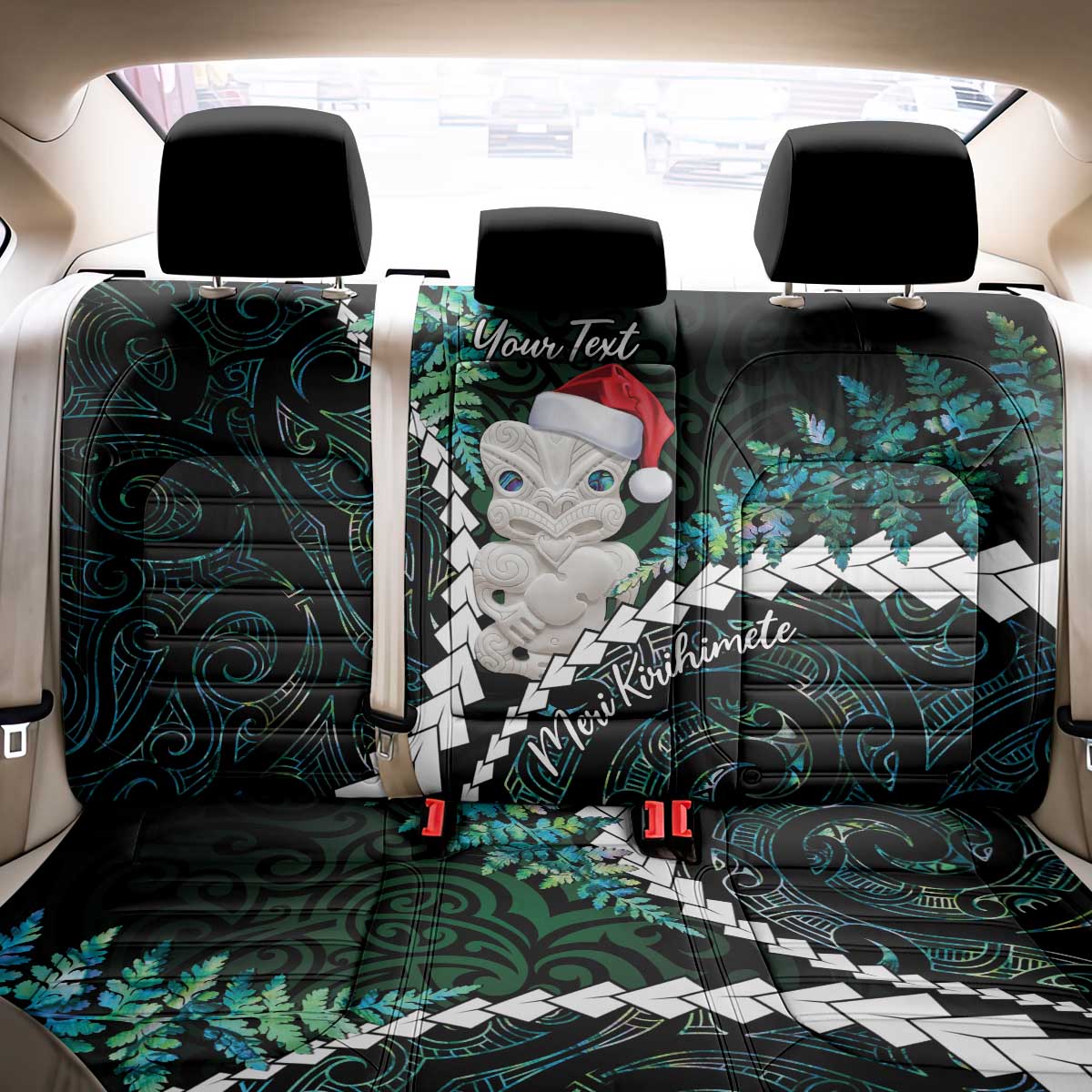 New Zealand Personalised Back Car Seat Cover Meri Kirihimete Kowhaiwhai Mix Paua Shell - Emerald LT7 - Polynesian Pride