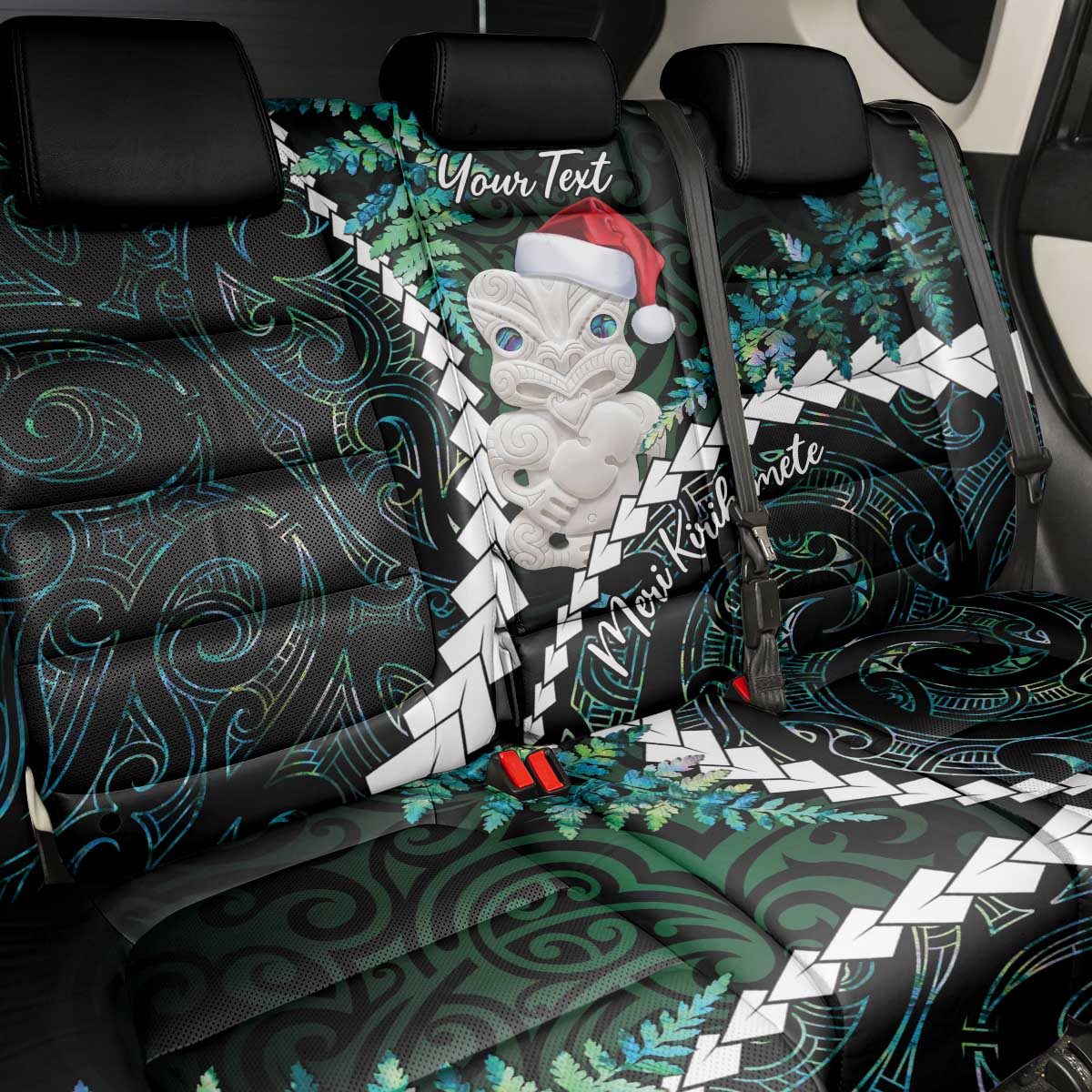 New Zealand Personalised Back Car Seat Cover Meri Kirihimete Kowhaiwhai Mix Paua Shell - Emerald LT7 - Polynesian Pride
