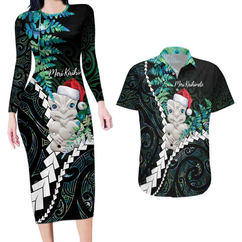 New Zealand Personalised Couples Matching Long Sleeve Bodycon Dress and Hawaiian Shirt Meri Kirihimete Kowhaiwhai Mix Paua Shell - Emerald LT7 Green - Polynesian Pride