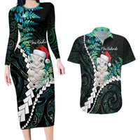 New Zealand Personalised Couples Matching Long Sleeve Bodycon Dress and Hawaiian Shirt Meri Kirihimete Kowhaiwhai Mix Paua Shell - Emerald LT7 Green - Polynesian Pride
