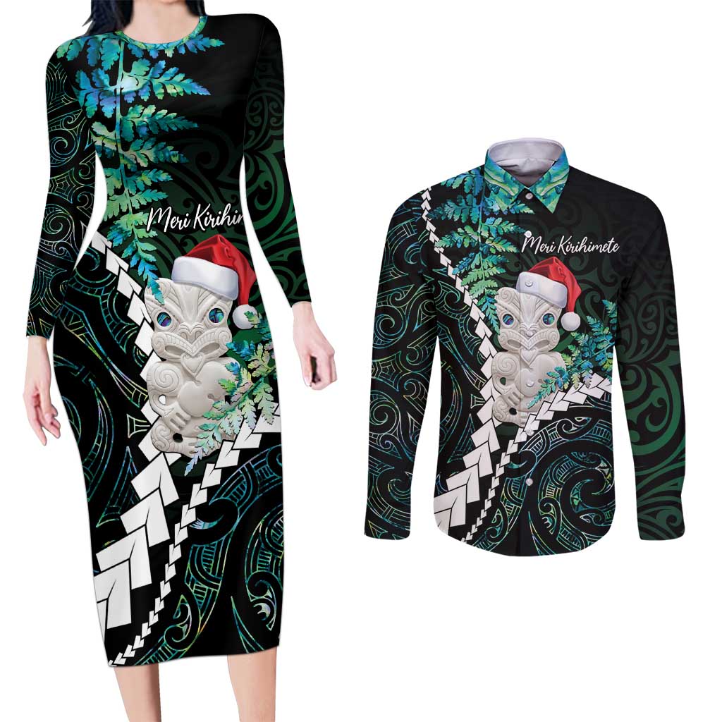 New Zealand Personalised Couples Matching Long Sleeve Bodycon Dress and Long Sleeve Button Shirt Meri Kirihimete Kowhaiwhai Mix Paua Shell - Emerald LT7 Green - Polynesian Pride
