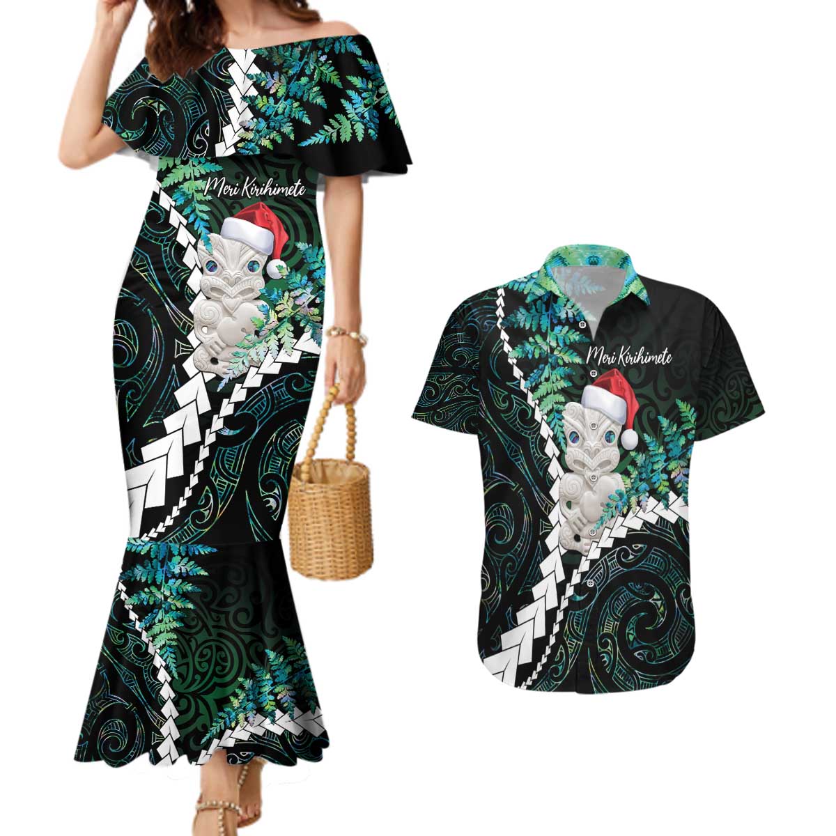 New Zealand Personalised Couples Matching Mermaid Dress and Hawaiian Shirt Meri Kirihimete Kowhaiwhai Mix Paua Shell - Emerald LT7 Green - Polynesian Pride