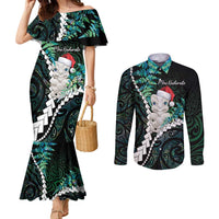 New Zealand Personalised Couples Matching Mermaid Dress and Long Sleeve Button Shirt Meri Kirihimete Kowhaiwhai Mix Paua Shell - Emerald LT7 Green - Polynesian Pride