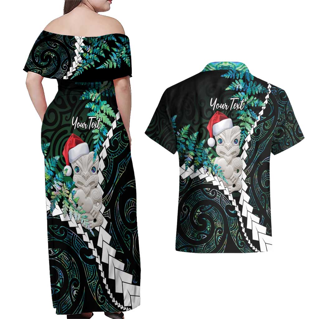 New Zealand Personalised Couples Matching Off Shoulder Maxi Dress and Hawaiian Shirt Meri Kirihimete Kowhaiwhai Mix Paua Shell - Emerald LT7 - Polynesian Pride