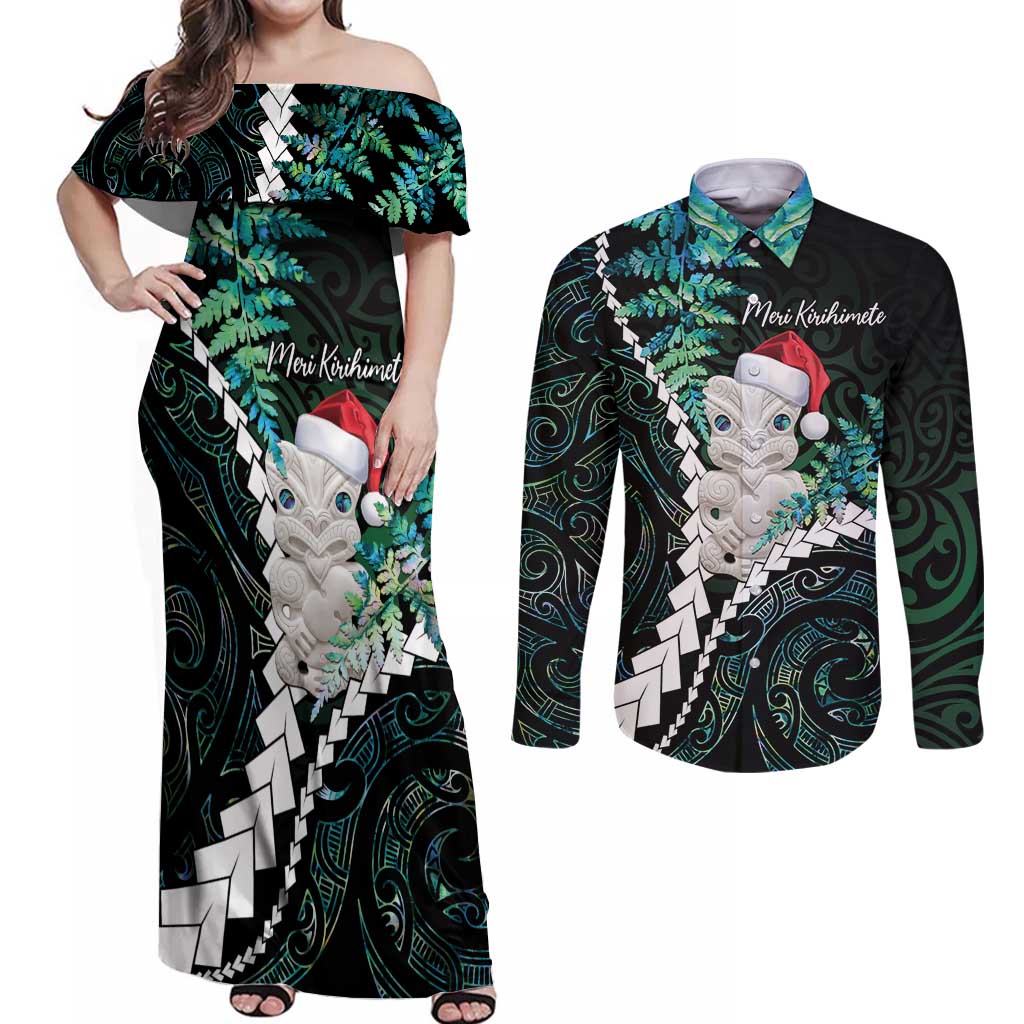 New Zealand Personalised Couples Matching Off Shoulder Maxi Dress and Long Sleeve Button Shirt Meri Kirihimete Kowhaiwhai Mix Paua Shell - Emerald LT7 Green - Polynesian Pride