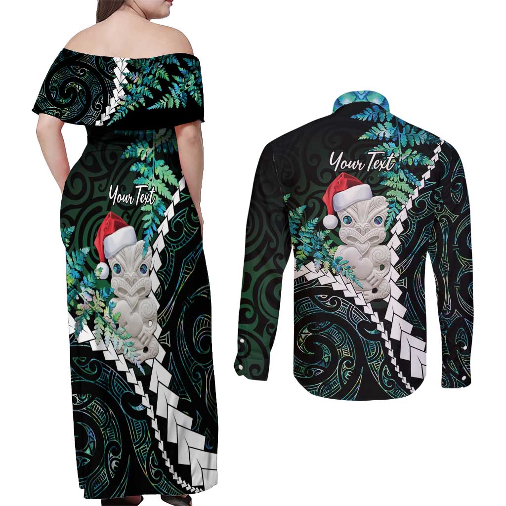 New Zealand Personalised Couples Matching Off Shoulder Maxi Dress and Long Sleeve Button Shirt Meri Kirihimete Kowhaiwhai Mix Paua Shell - Emerald LT7 - Polynesian Pride