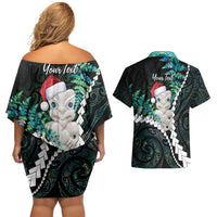New Zealand Personalised Couples Matching Off Shoulder Short Dress and Hawaiian Shirt Meri Kirihimete Kowhaiwhai Mix Paua Shell - Emerald LT7 - Polynesian Pride