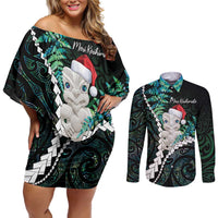 New Zealand Personalised Couples Matching Off Shoulder Short Dress and Long Sleeve Button Shirt Meri Kirihimete Kowhaiwhai Mix Paua Shell - Emerald LT7 Green - Polynesian Pride