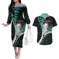 New Zealand Personalised Couples Matching Off The Shoulder Long Sleeve Dress and Hawaiian Shirt Meri Kirihimete Kowhaiwhai Mix Paua Shell - Emerald LT7 Green - Polynesian Pride