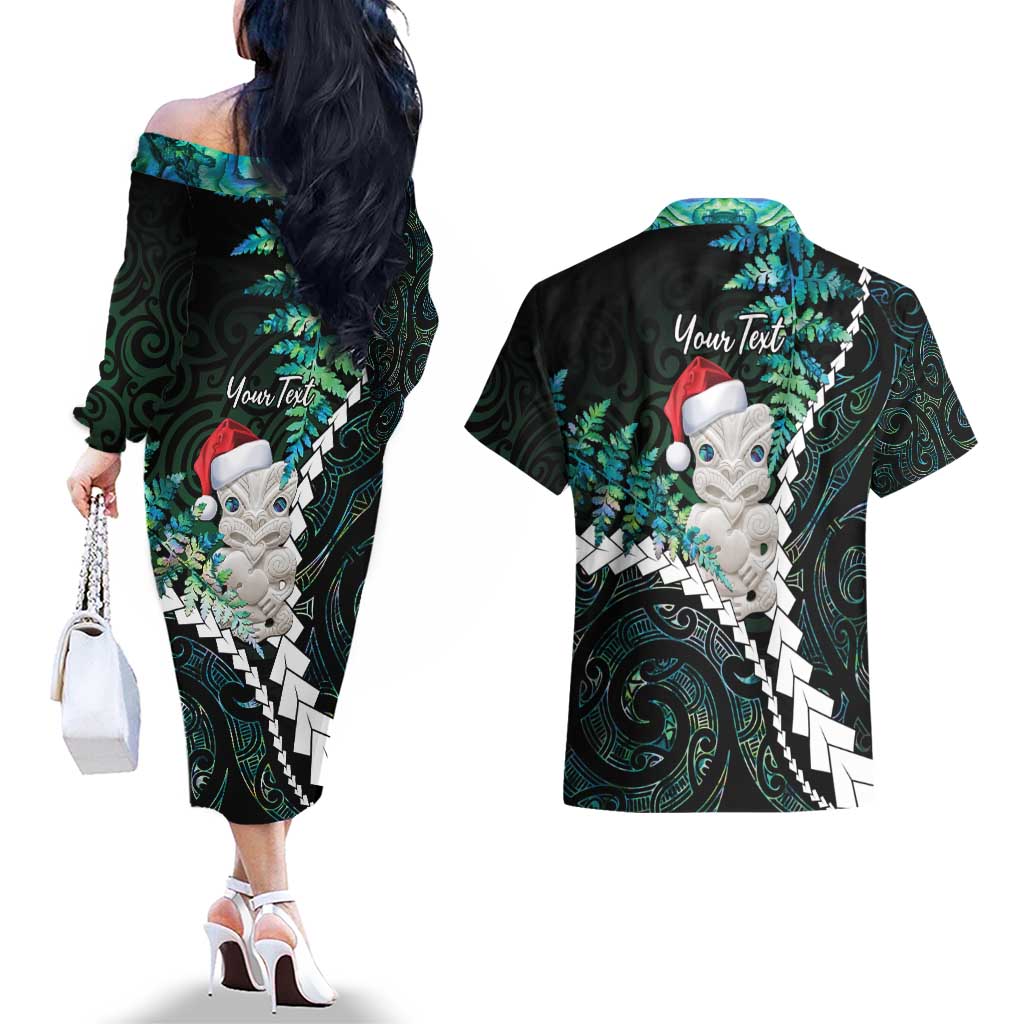 New Zealand Personalised Couples Matching Off The Shoulder Long Sleeve Dress and Hawaiian Shirt Meri Kirihimete Kowhaiwhai Mix Paua Shell - Emerald LT7 - Polynesian Pride