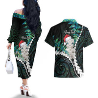 New Zealand Personalised Couples Matching Off The Shoulder Long Sleeve Dress and Hawaiian Shirt Meri Kirihimete Kowhaiwhai Mix Paua Shell - Emerald LT7 - Polynesian Pride