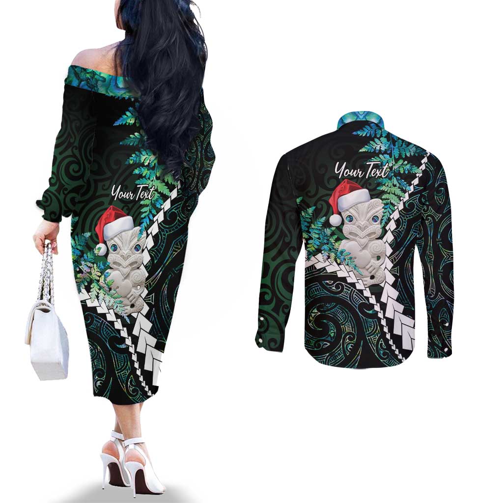New Zealand Personalised Couples Matching Off The Shoulder Long Sleeve Dress and Long Sleeve Button Shirt Meri Kirihimete Kowhaiwhai Mix Paua Shell - Emerald LT7 - Polynesian Pride