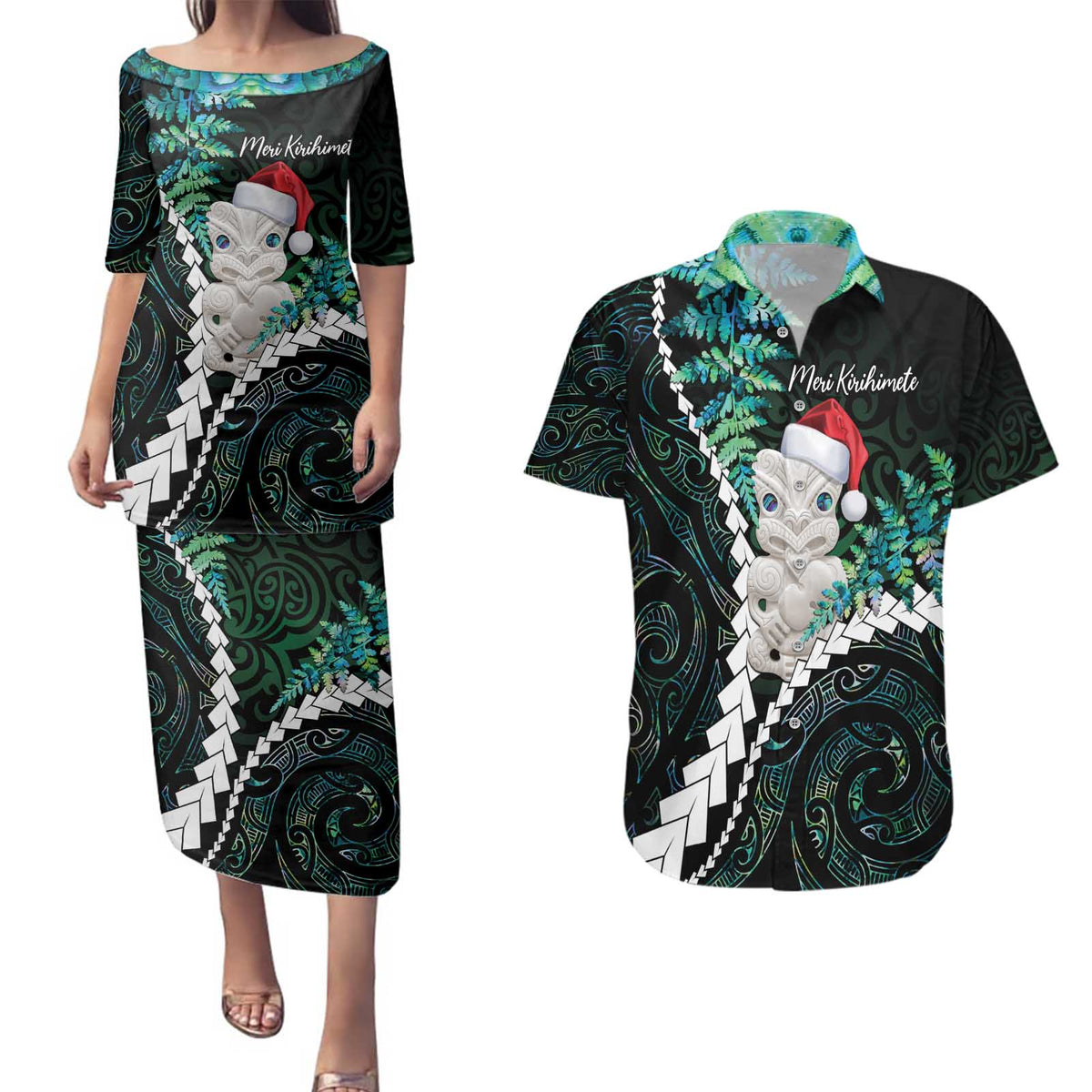 New Zealand Personalised Couples Matching Puletasi and Hawaiian Shirt Meri Kirihimete Kowhaiwhai Mix Paua Shell - Emerald LT7 Green - Polynesian Pride