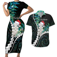 New Zealand Personalised Couples Matching Short Sleeve Bodycon Dress and Hawaiian Shirt Meri Kirihimete Kowhaiwhai Mix Paua Shell - Emerald LT7 Green - Polynesian Pride